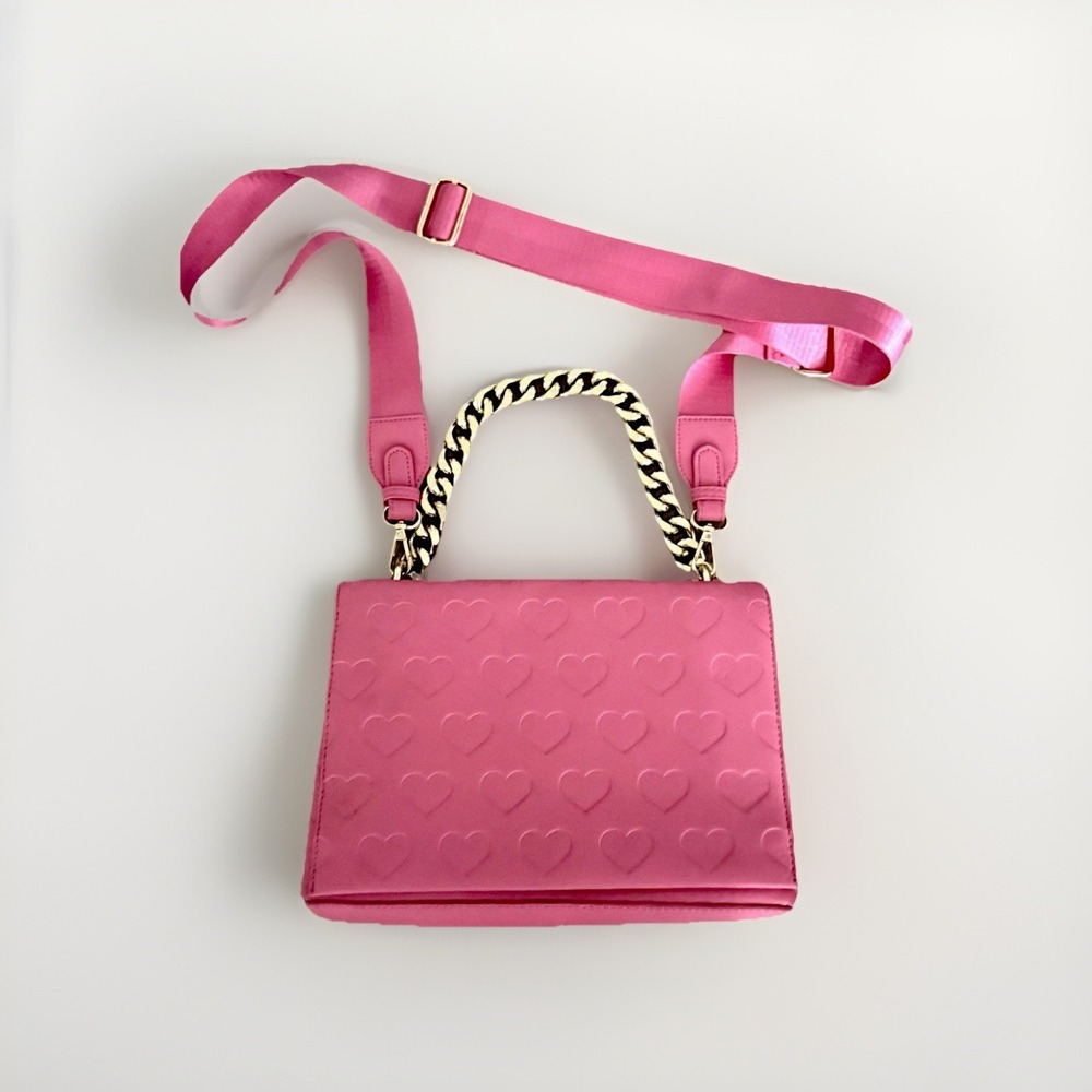 Pink Heart Embossed Gold Chain Handle & Crossbody Strap Purse -Impressive Brand